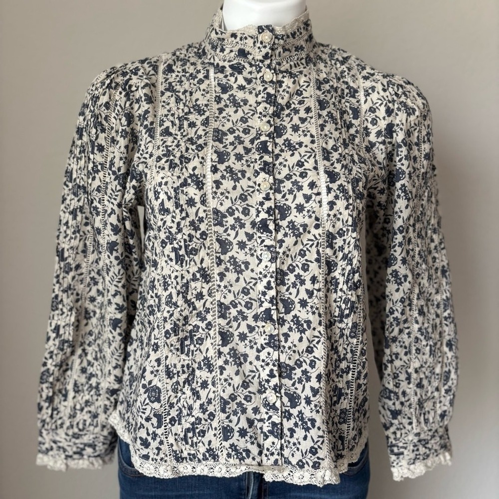 American Eagle AE77 Blue Cream Floral Lace Peasant Long Sleeve Blouse Top NWT